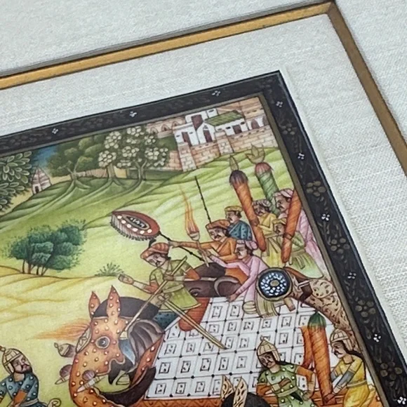 Vintage Framed Indian Battle Scene Art Print